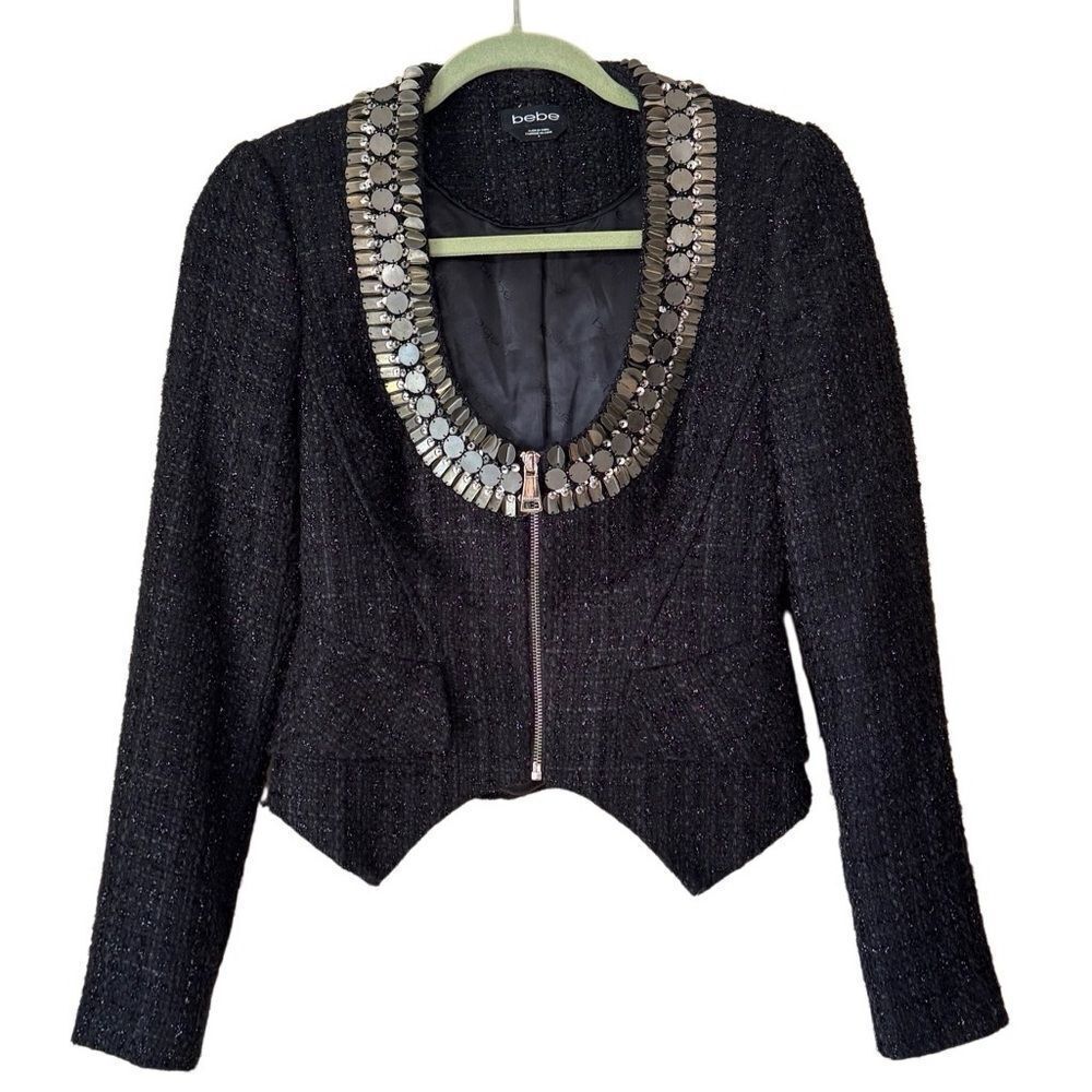 Bebe Vintage Women's Beaded Black & Gold Fitted Tweed Zip Up Blazer Size 6